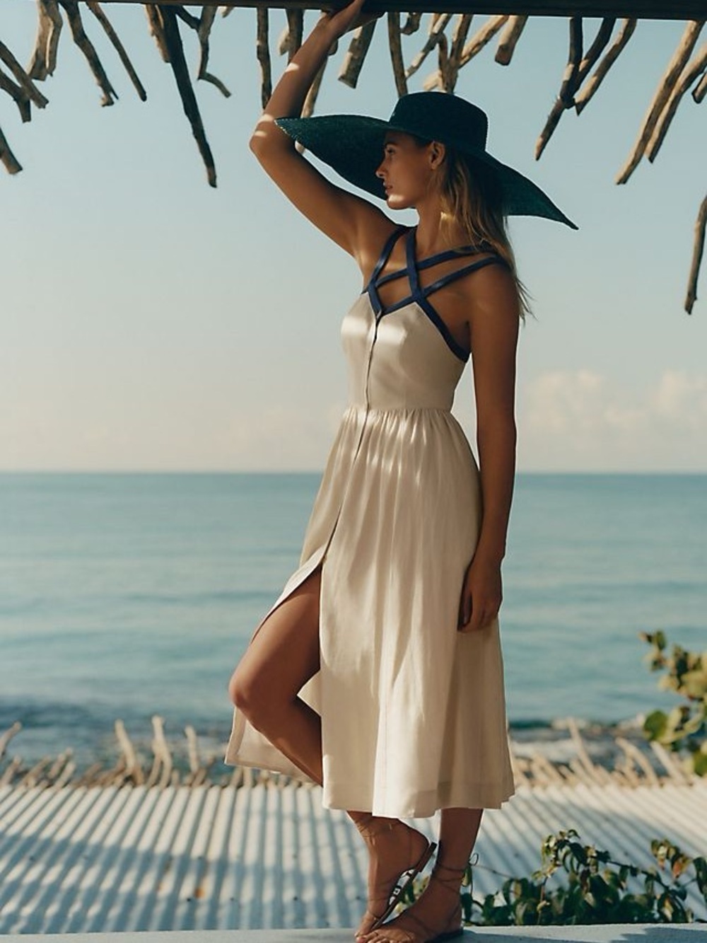 Maeve by Anthropologie Navy Trim strappy button front midi dress Size 14P